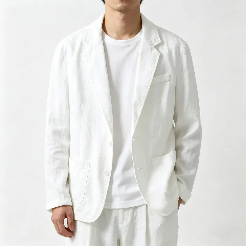 KIDWHXR Summer Man Blazer Thin Cotton Linen Breathable Male Casual Suit Coat Single-breasted Long Sleeve Pocket Men Outerwear