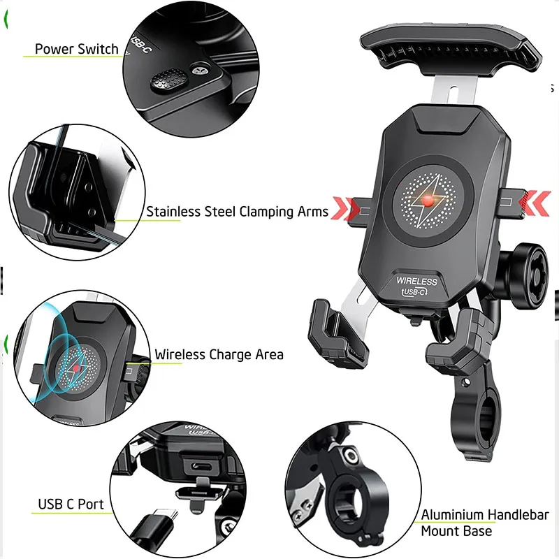 Anti-Theft Motorcycle Wireless Phone Mount Fast Charger Stand 15W & USB C 3A Handlebar Motor Motorbike Holder For 4.0-7.0