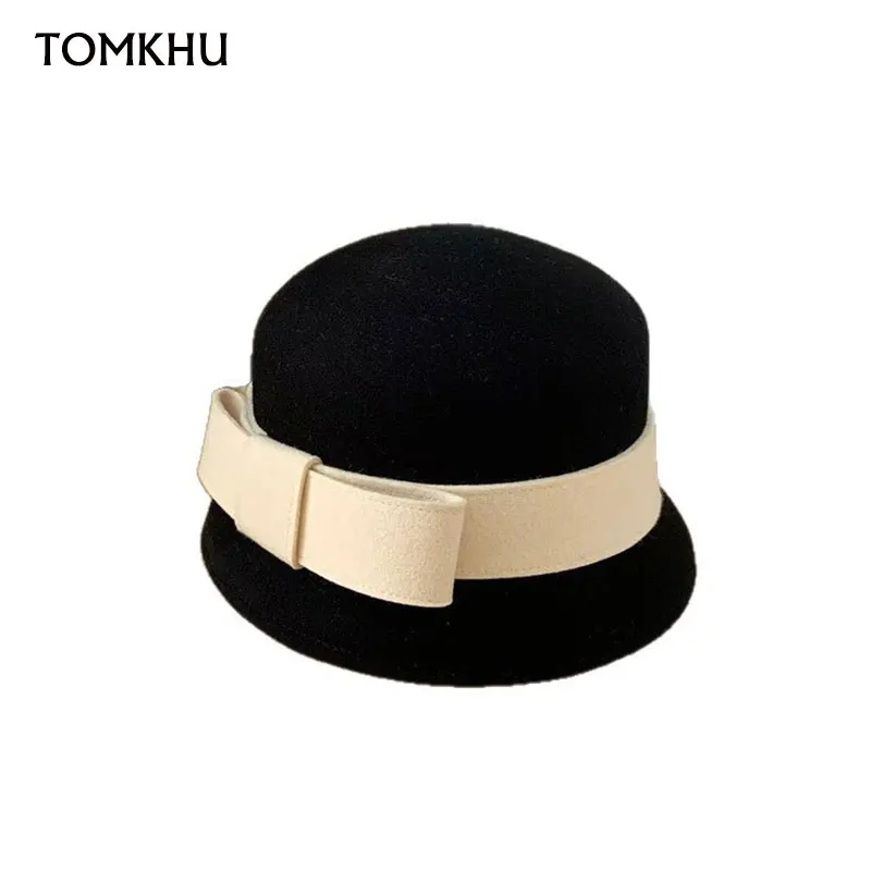 New French Elegant Bow Wool Felt Hat Fisherman Bucket Hat Women's Winter Hepburn Style Retro Basin Designer Bonnet