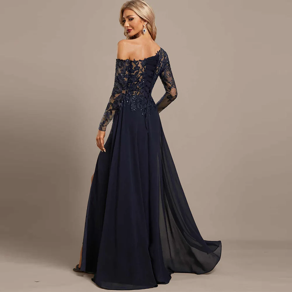Customized Full Sleeves Mother of The Bride Dresses Side Slit Formal Evening Gown Applique Lace Up Wedding Guest Dress Illusion