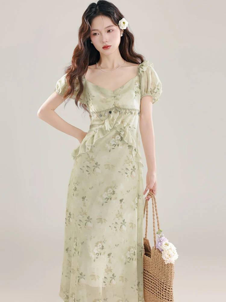 Zomer Groene Bloemen Chic Diamons Ruches Jurk Vrouwen Bladerdeeg Mouw Vierkante Kraag Casual Jurk 2023 Koreaanse Mode Bodycon Vestidos