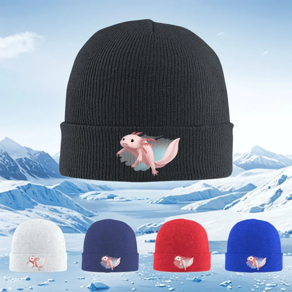 2026 Pink axolotl amphibian illustration water Men Women Unisex Knitted Hat Beanie Pullover Cap Winter Thermal Warm Christmas Ou