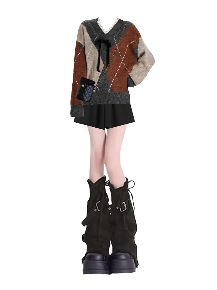 시크한 브이넥 스웨터와 바지 세트 여성용 가을 겨울 대형 사이즈 니트 의류 대학 스타일 다이아몬드 패턴 의상