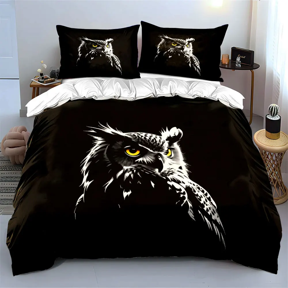 3pcs Dark and realistic owl Pattern Duvet Cover Set Digital Print Colorful Polyester Bedding with Zipper Closur for kids gifts