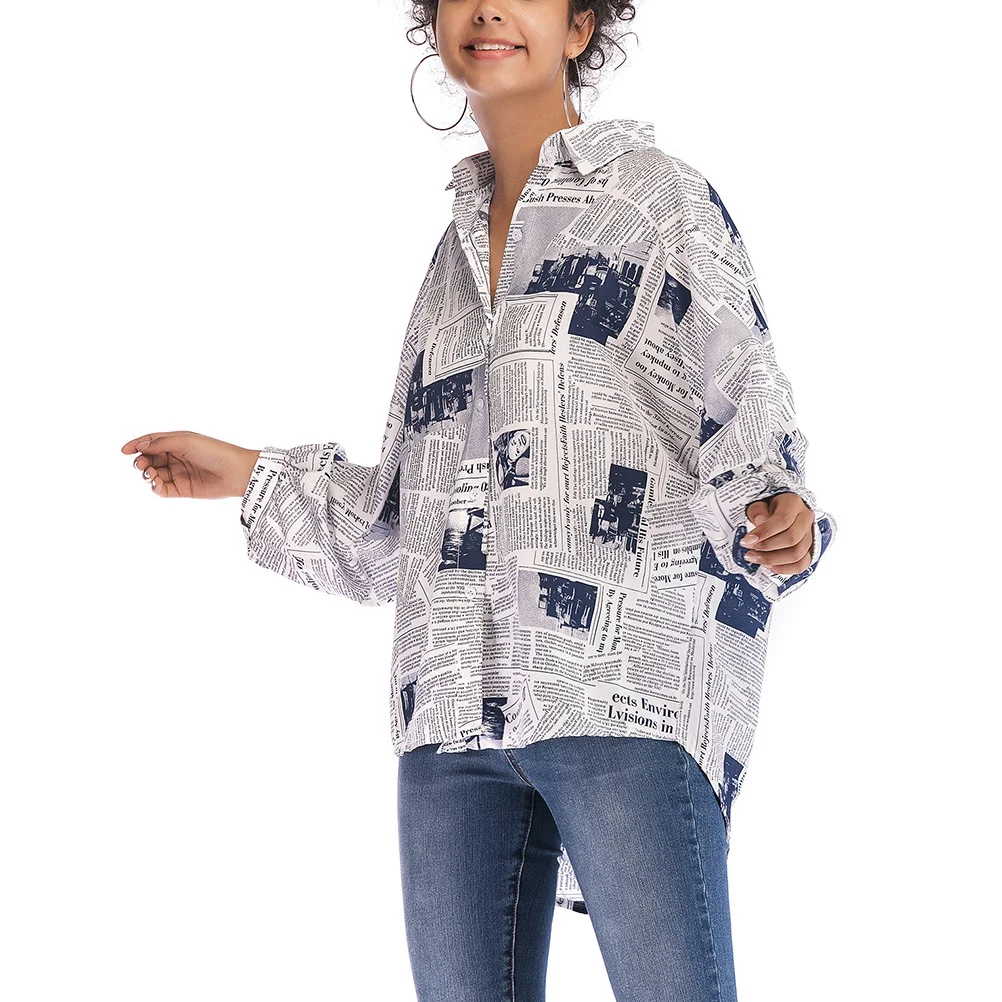 

Women Fashion Newspaper Shirt Blue Size M Single-Breasted Lapel Long Sleeve Blouse Casual Street Work for Women