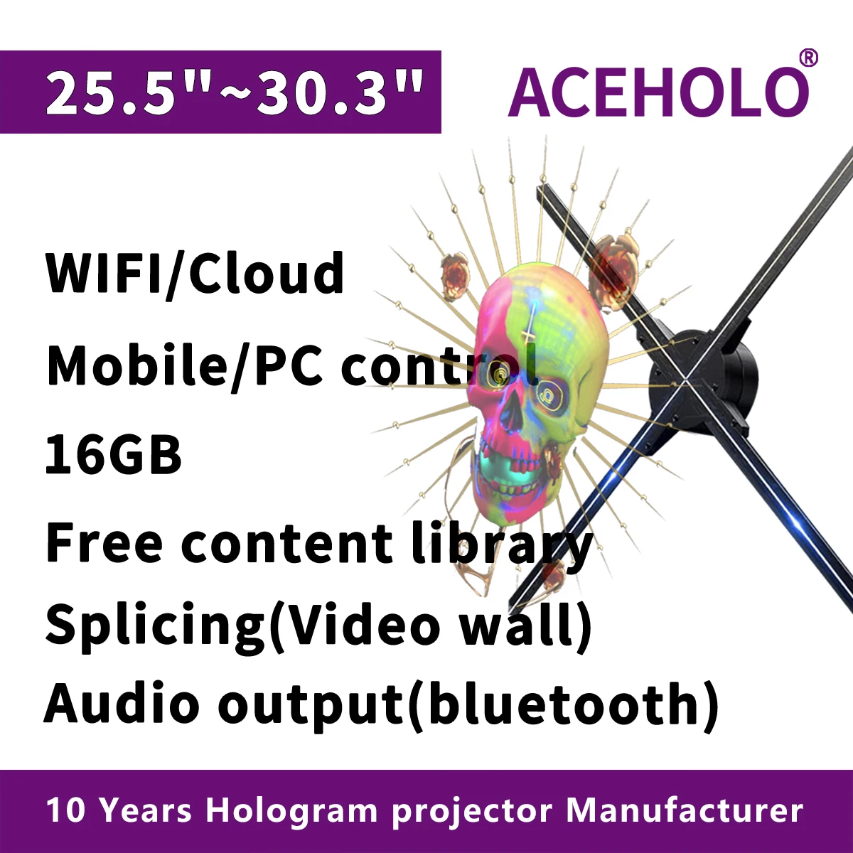 

3D/4K Bluetooth-голограмманый вентилятор 25,5 ~ 30,3 дюйма, многоразмерный светодиодный рекламный дисплей для магазина/бизнеса - проектор на Хэллоуин