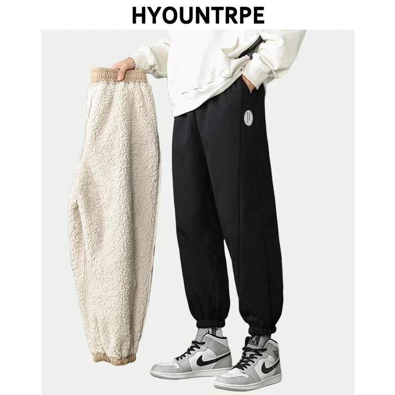 Mens High Street Loose Fit Elastic Waist Pants Winter Warm Fleece Pants Hip Hop Solid Drawstring Sportwear Sweatpants Joggers