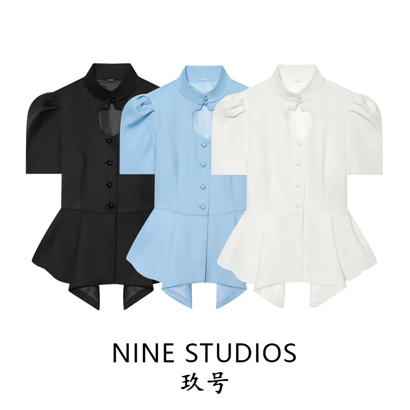 

Elegant Hollow out Bubble Sleeve Short Sleeve Casual Top Women's Slim Fit Shirt Stand Collar Waist Cinching Fashion European ...