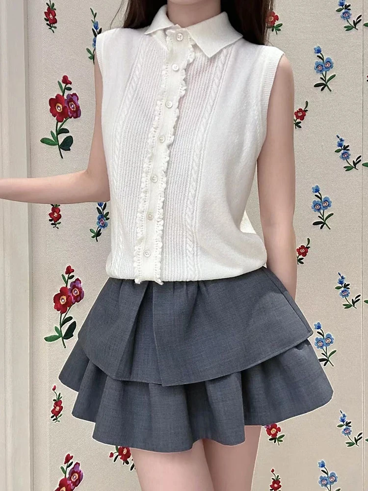 

Sweet Lace Knit Top Vintage Single Button Turn-down Collar College Sle Svel Knitted Vest TE uu Autumn Collection