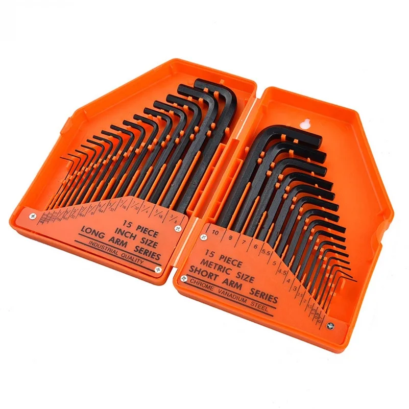 30Pcs Hex Key Allen Wrench 0.028- 3/8 Inch & 0.7mm-10mm Metric Size Chromium-vanadium Steel Spanner Long Arm Tool Set