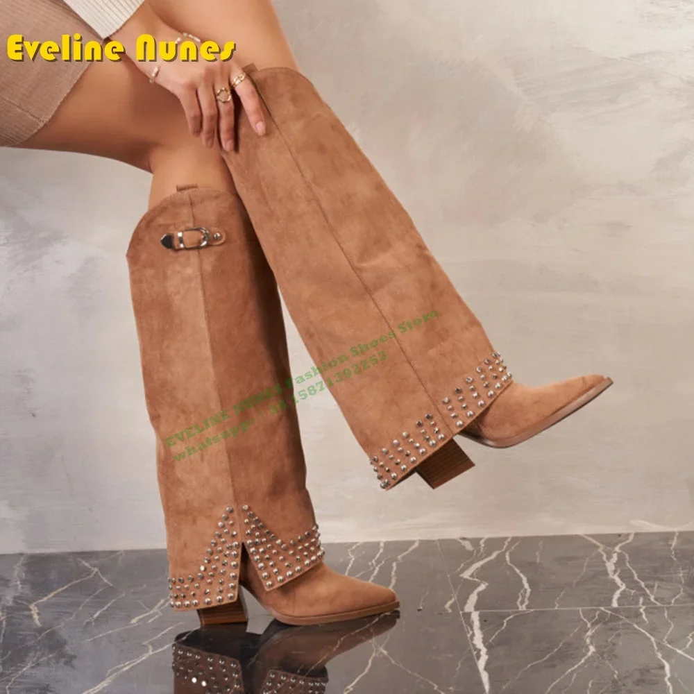 Belt Buckle Rivet Fashion Trouser Boots Pointed Toe Block Heels Pull On Large Size Women Sleeve Boots 2024 New Style Luxury Shoe