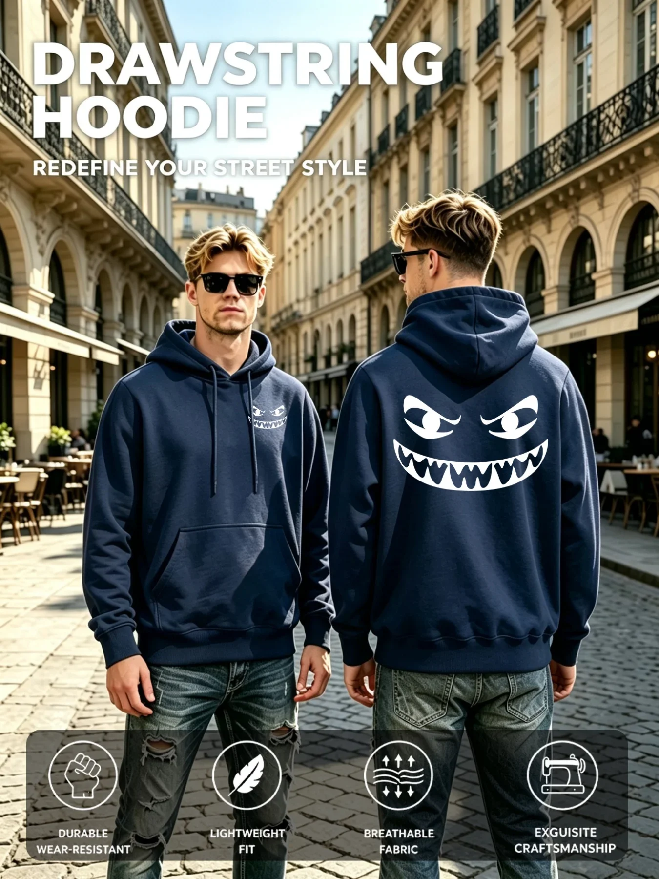 Unisex Fleece Hoodie Devil Grin Face Chest Small Print Back Large Graphic Dual‑Sided Print Loose Pullover Sweatshirt Autumn
