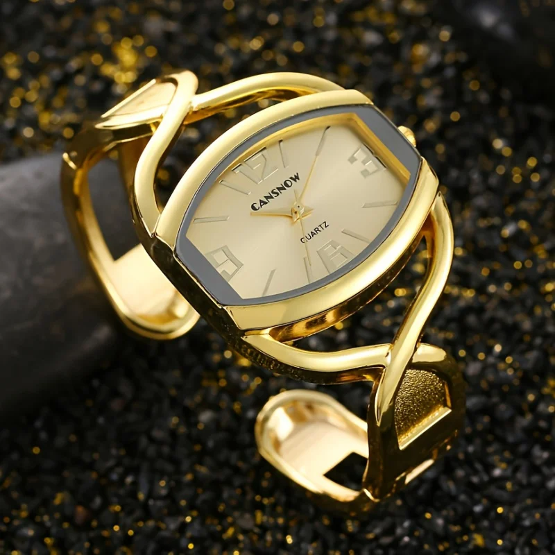 Luxury Golden-Tone Women'S Quartz Wristwatch Elegant White Dial & Golden Hands, Oval Case, Alloy Strap, Perfect Gift For Women