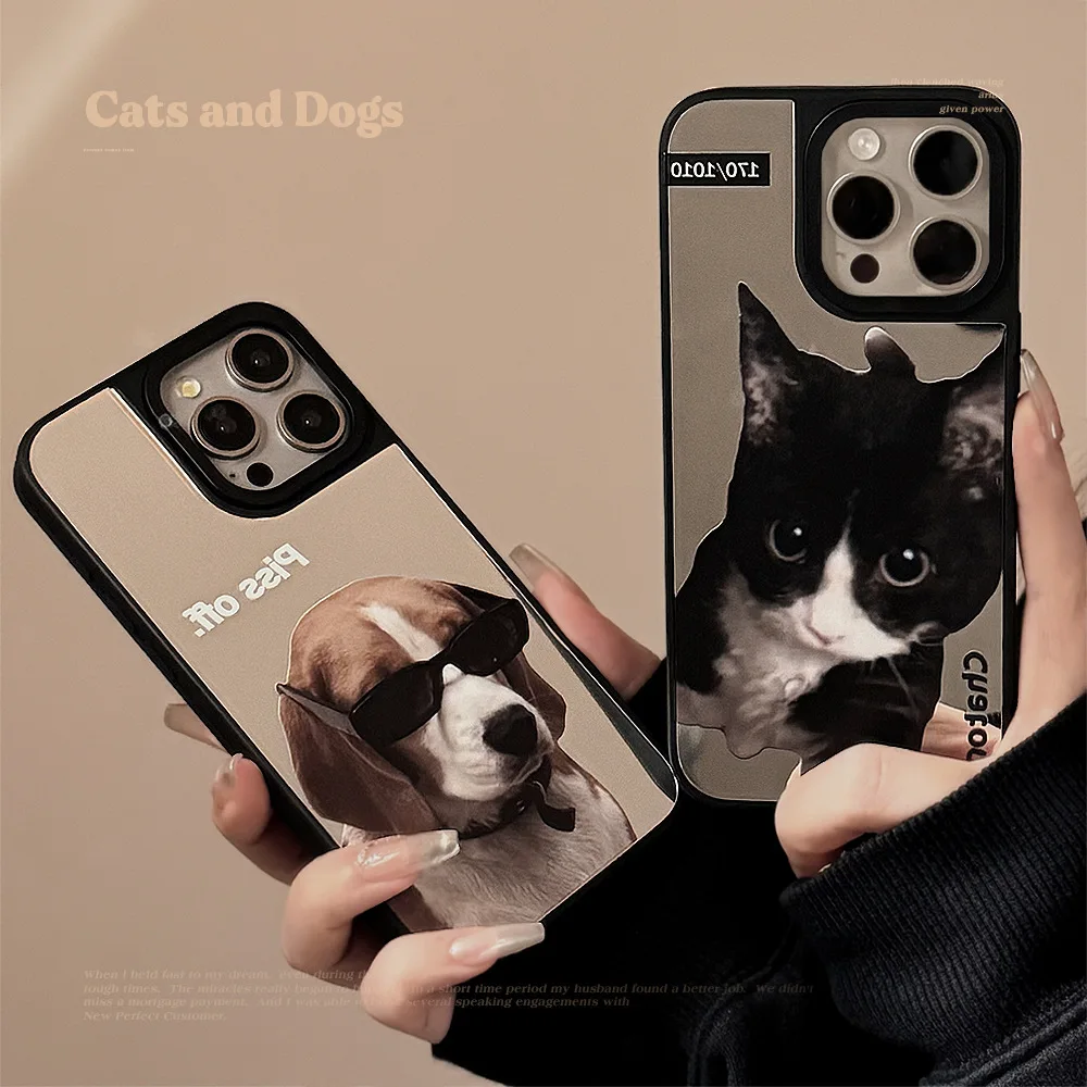 Funny mirror Black Cat kitten Sunglasses Labrador dog Phone Case For iPhone 15 14 13 Pro Max Case Cute Shockproof cartoon Cover