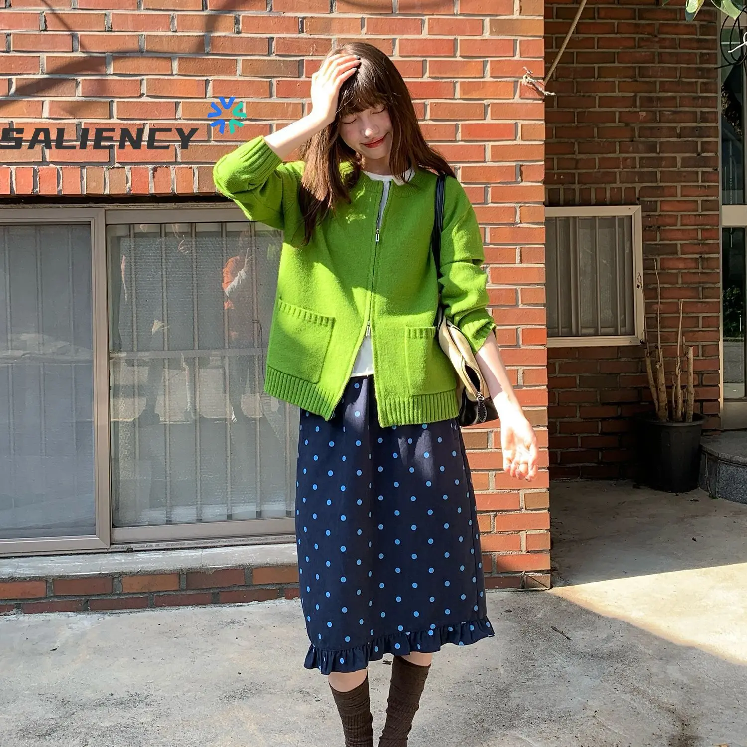 SALIENCY Spring Autumn Women Vintage Polka Dot Fungus Edge Straight Mid Long Skirt Versatile Loose Casual Skirt