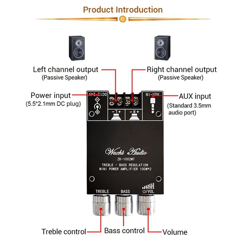 ZK-1002MT Bluetooth 5.0 Subwoofer Amplifier Board 2X100W 2.0 Channel High Power Audio Stereo Amplifier Board