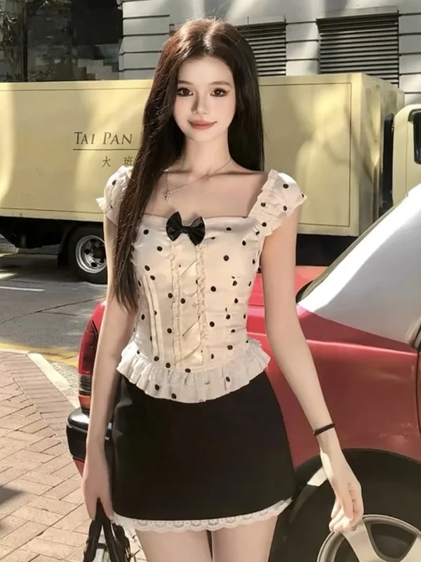 

Летний модный комплект: топ с узлом и юбка в горошек с высокой талией для женщин