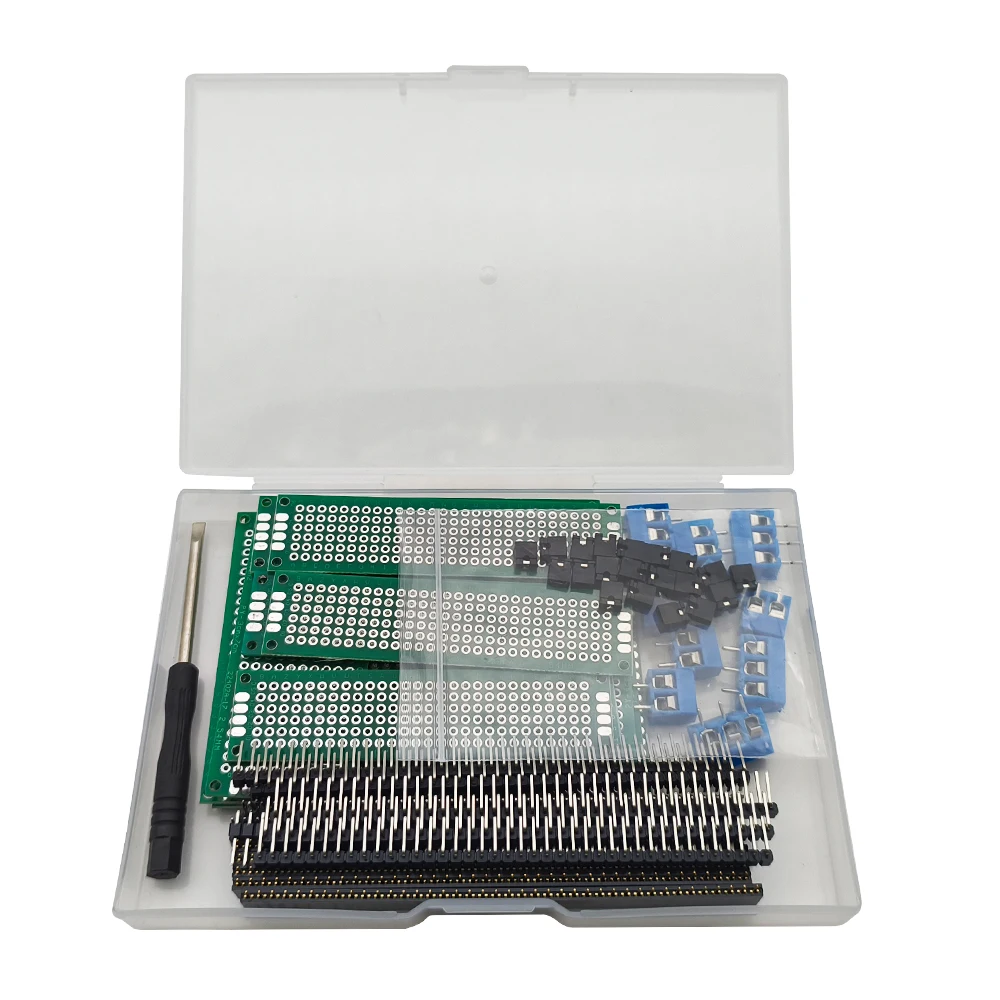 61Pcs/Box PCB Board Double Side Prototype Printed Circuit and Pin Headers Screw Terminal Blocks Connector Screwdriver DIY Kit