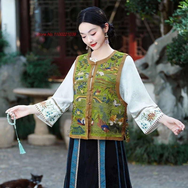 2025 الوطنية زهرة التطريز الساتان الجاكار س الرقبة سترة سترة الشعبية التقليدية الرجعية hanfu القمم الصينية جاكيت بلا إكمام