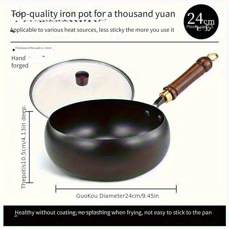 

Handmade Traditional Cast Iron Pot with Large Belly - Mirror Surface Non-Stick, No Coating, Splash-Proof Design