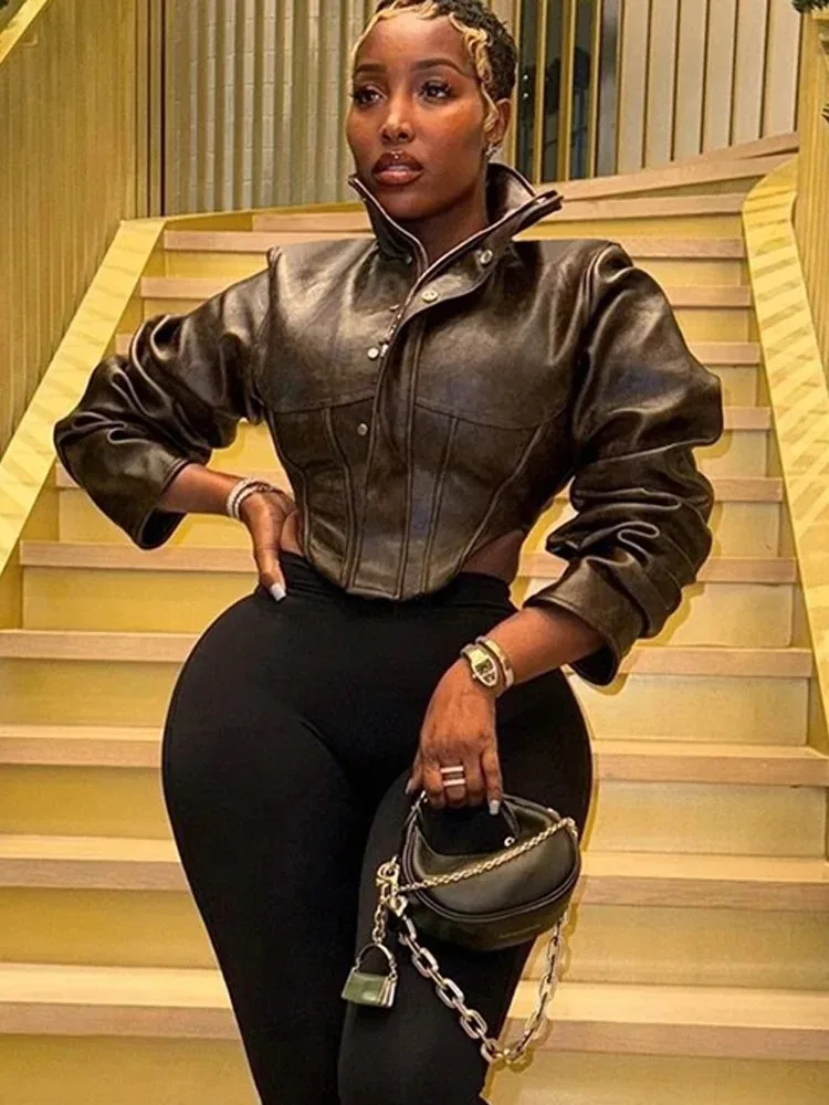 

OFTBUY Grow Leather Jacket Solid Waist Cinching Leather Jacket Women New in Coats Full Sleeve Faux Leather Jacket Ladies Spring
