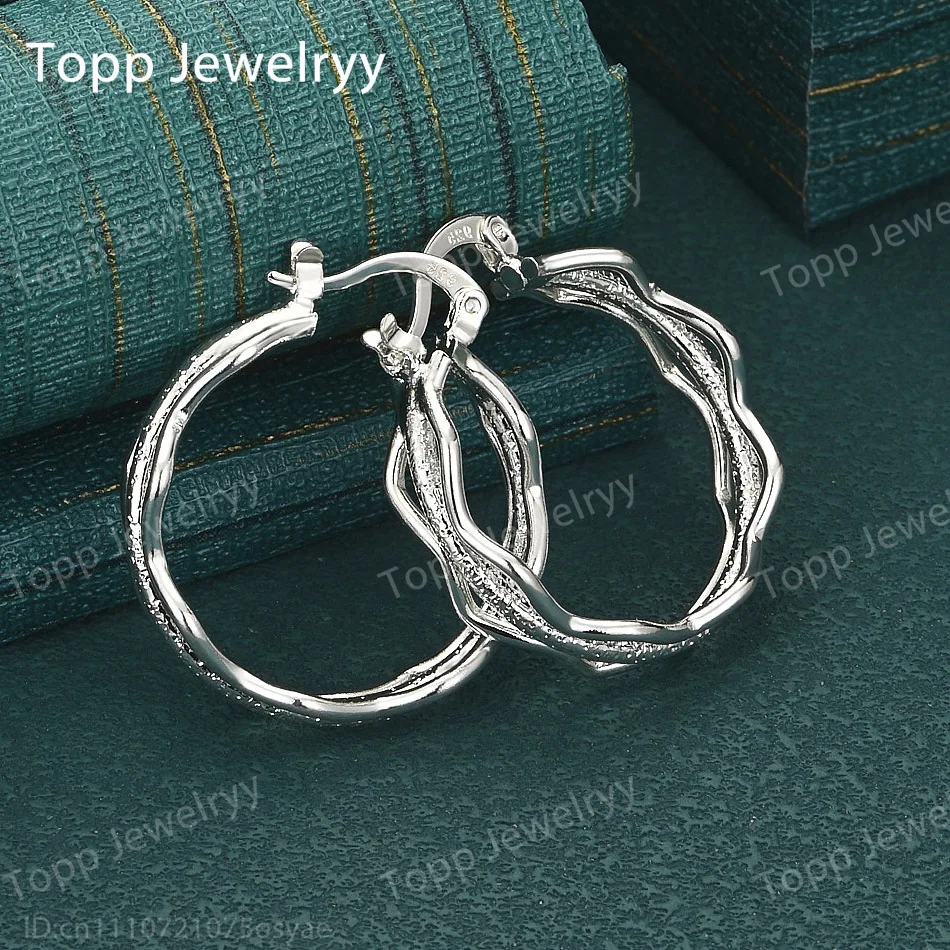 

925 Sterling Silver 30mm Sparkling Wave Round Earrings Fashion Charming Wedding Gift Jewelry for Women