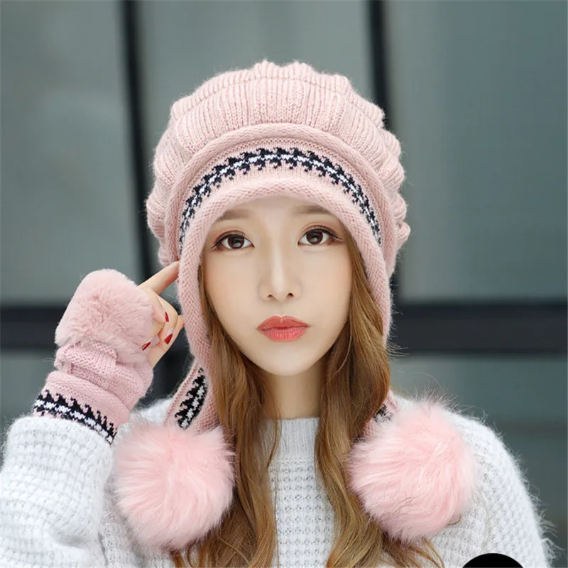 Women's Fashion Winter Beanie Hats with Earflaps & Gloves Set Casual Beret Knitted Beanies Caps Pink Red Neck Ear Warmer G009