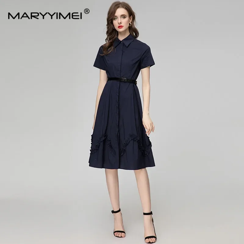 

MARYYIMEI Fashion Women's New Turn-Down Collar Short-Sleeved Single-Breasted Belt Vintage Edible Tree Fungus Pleated MIDI Dress