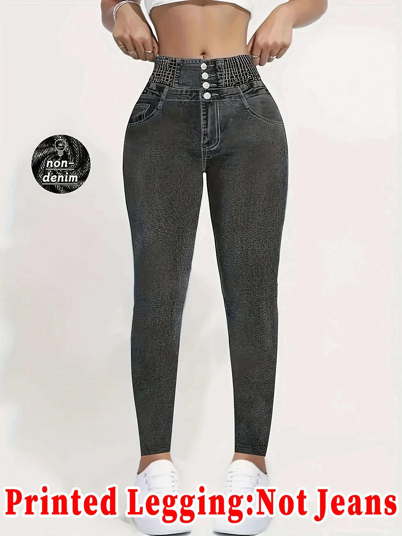 Fashionable Women's Faux Denim Printed Skinny Pants, High-Elastic Seamless Leggings with Fake Pockets for Casual and Sports Wear