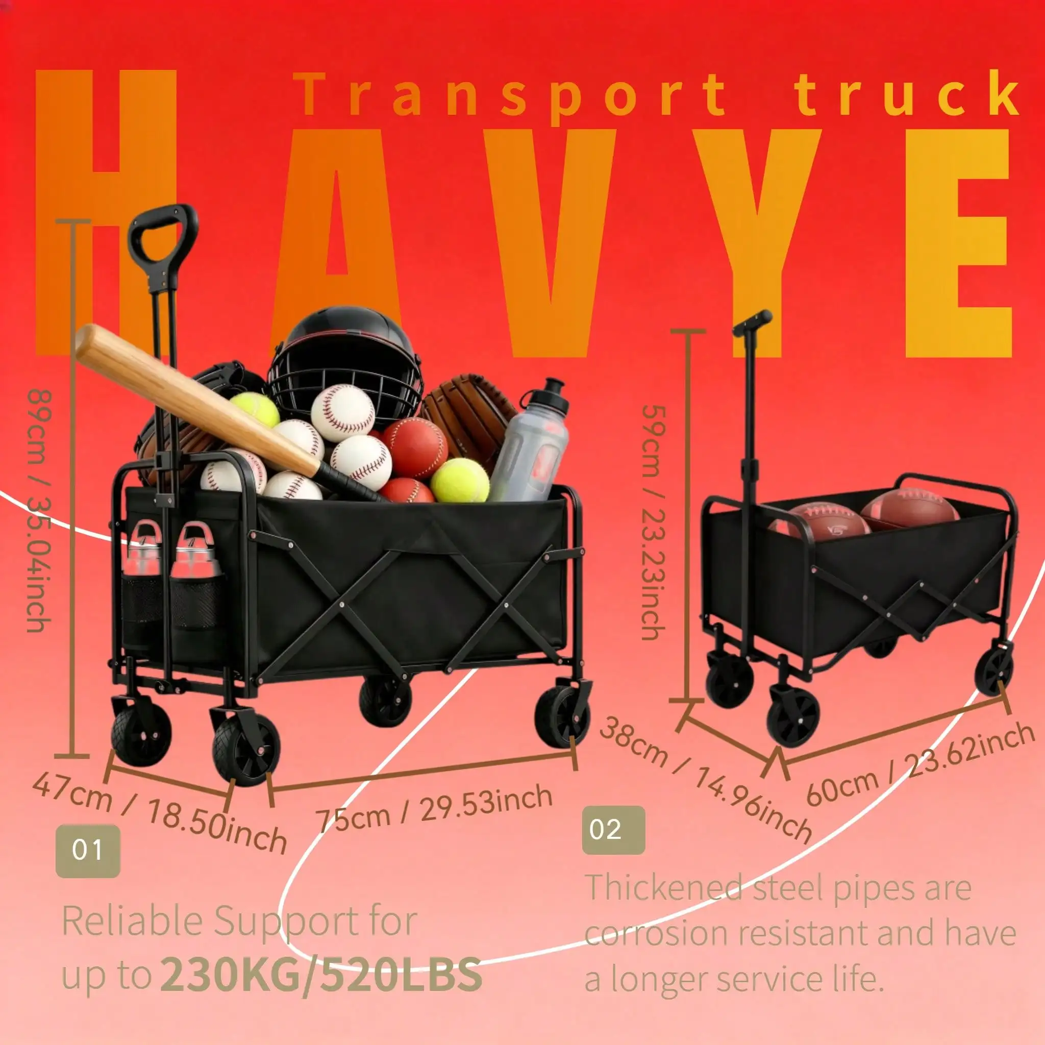 260lbs/520 Lbs Capacity, Heavy Duty Folding Wagon, Extra Large Load Capacity, Sturdy Steel Frame Wagon, Portable Easy To Store, 360° Swivel Wheels, Collapsible Utility Wagon, Outdoor Camping, Shopping Cart, Beach Wagon Cart (Black, Blue, Red)