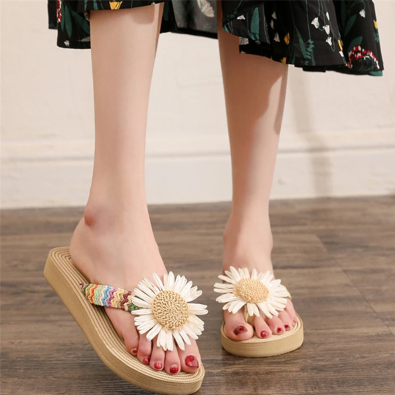 

Summer Women's Flower Decoration Flip Flops Rainbow Braided Laces Wedge Sandals Ladies Beach Holiday Slippers Sandalias De Mujer