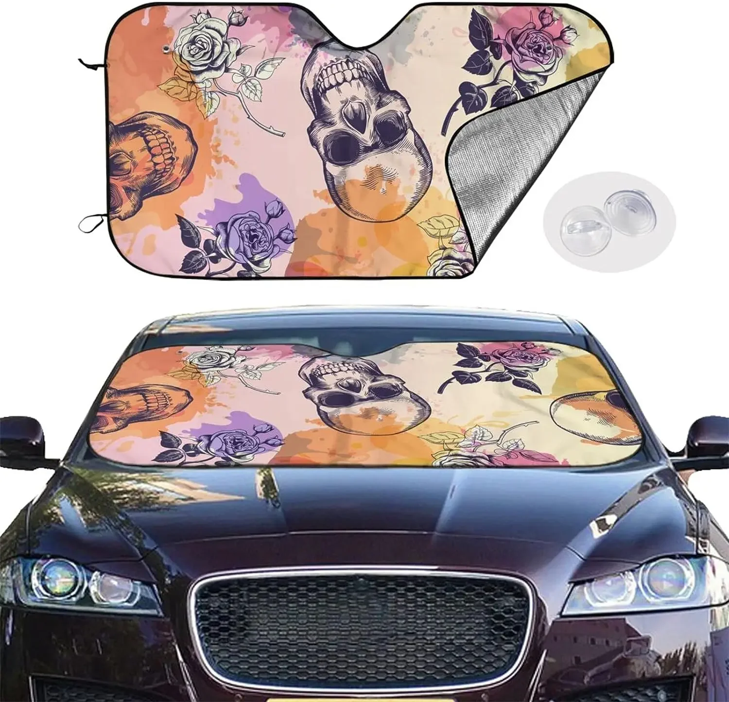 Skulls and Rose Flowers Pattern Sun Shade Front Window Sunshade for Most Sedans SUV Blocks Max Uv Rays Keep Your Vehicle Cool