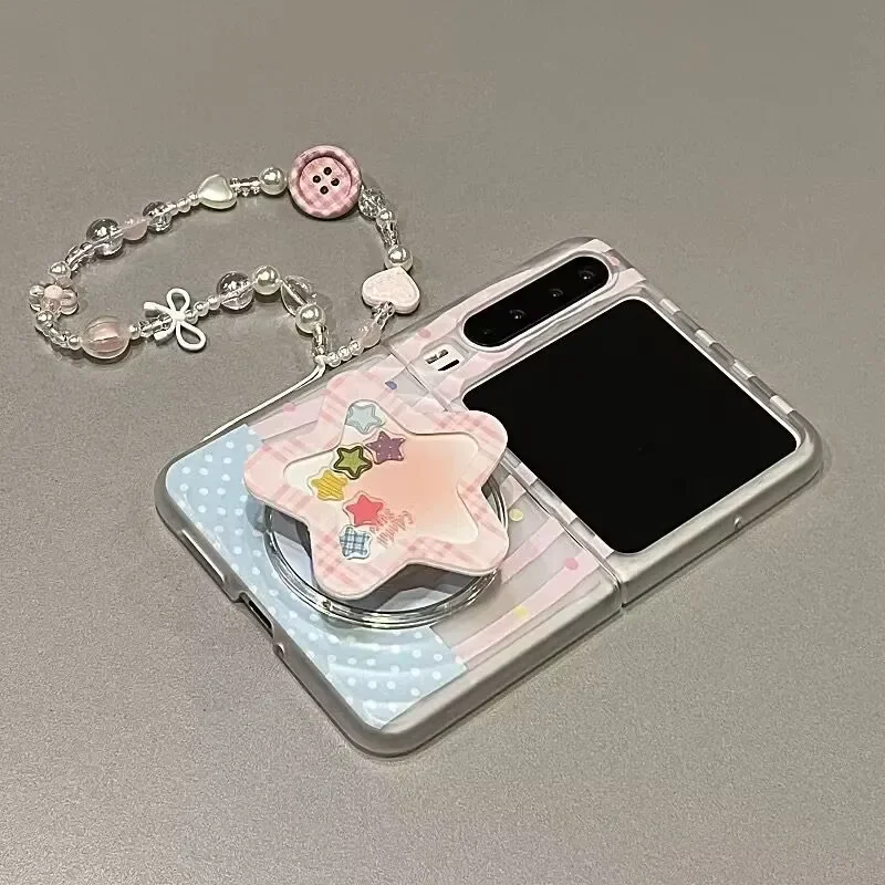

zflip7 Case Cute Pink Star Magnetic stand Case for Samsung Z Flip 7/6/5 /mixflip Kawaii Striped Shockproof Protective Case