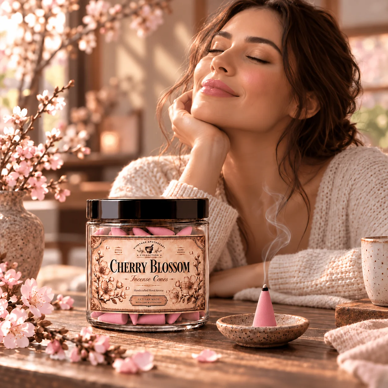 Sakura Incense Cones, Hand-Pressed Slow-Burning Incense with a Delicate Cherry Blossom Aroma and a Soft Floral Scent, Suitable for Use in Bedrooms, Living Rooms, Study Rooms, Offices, and Yoga Meditation Spaces After Lighting, the Fine Smoke Rises Naturally, Making It Suitable for Reading, Relaxing before Bed, Everyday Home Fragrance, Holiday Decorations, and Personal Use as a Gift.