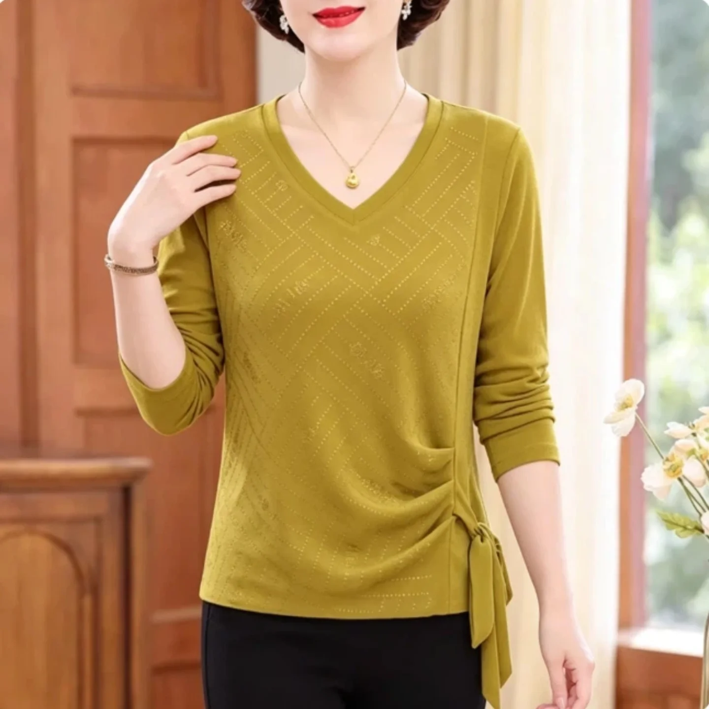 Elegant V-neck T-shirt Long Sleeve Belt Design Anti-aging Versatile Slimming Top for Middle-aged And Elderly Women Casual Style