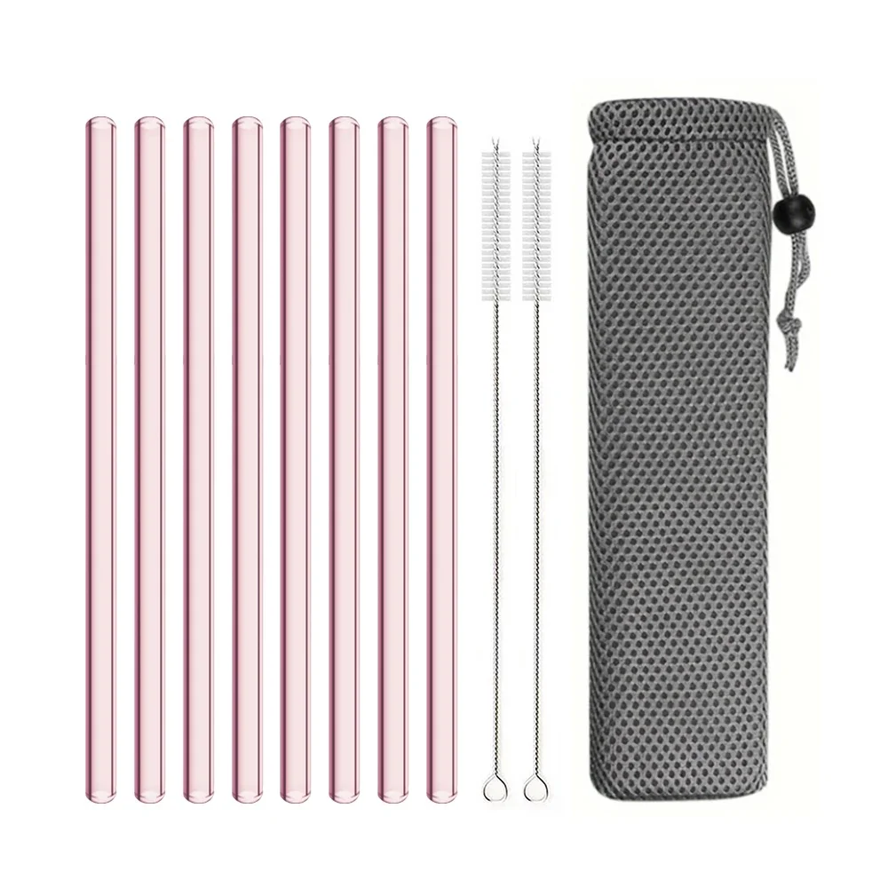 3/5/10/11Pcs Reusable Glass Straws Pink Glass Drinking Straws 8mm Tubes Juice Smoothie Tea Straws Glasses Straw Set for Drink