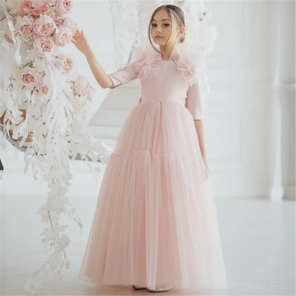 Gaun Gadis Bunga Merah Muda Muda Tulle dengan Busur Setengah Lengan untuk Gaun Putri Perjamuan Pesta Ulang Tahun Pernikahan