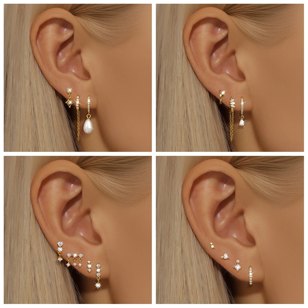 ROXI  925 Sterling Silver Tassel/Pearl Zircon piercing Earrings Set For Women 3/4 Pcs Gold Plated Circle Earring Party Jewelry