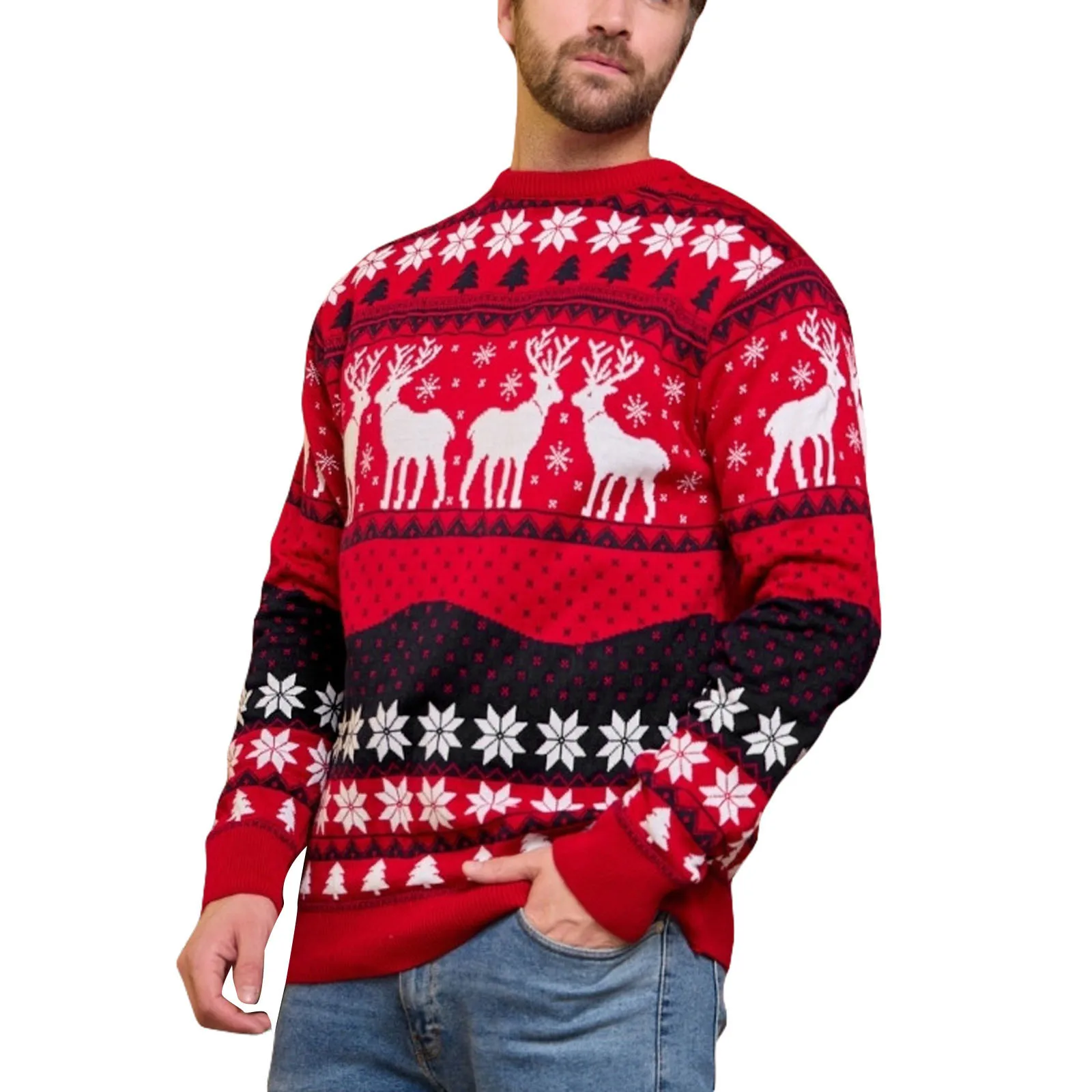 Unisex Christmas Sweater Winter Couple Women Man Long Sleeve Round Neck Reindeer Pattern Classic Fit Knitted Pullovers