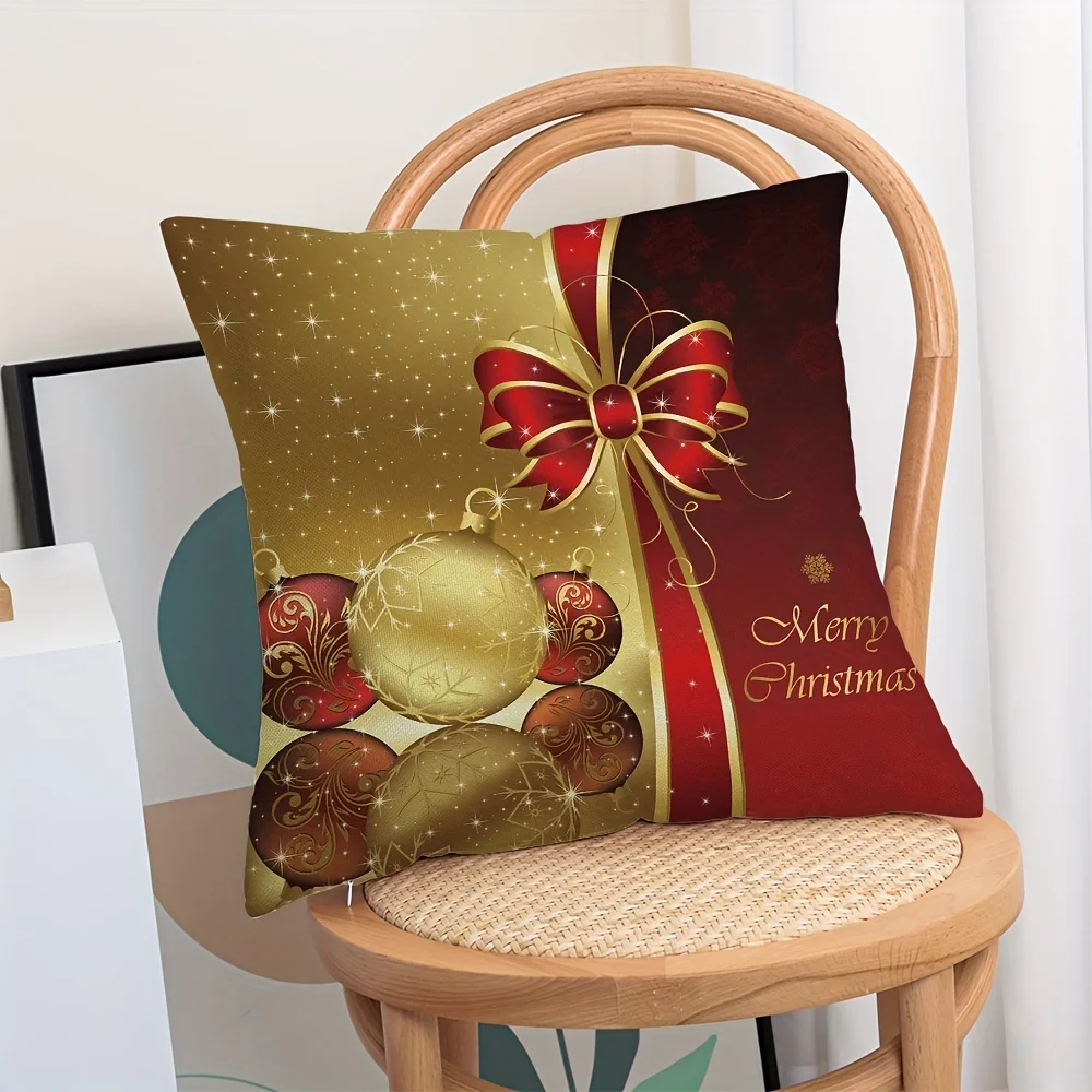 Golden Christmas Bell Santa Socks Print Zipper Cushion Cover Pillow Case 100% Polyester Room Decor Party Halloween Decorations