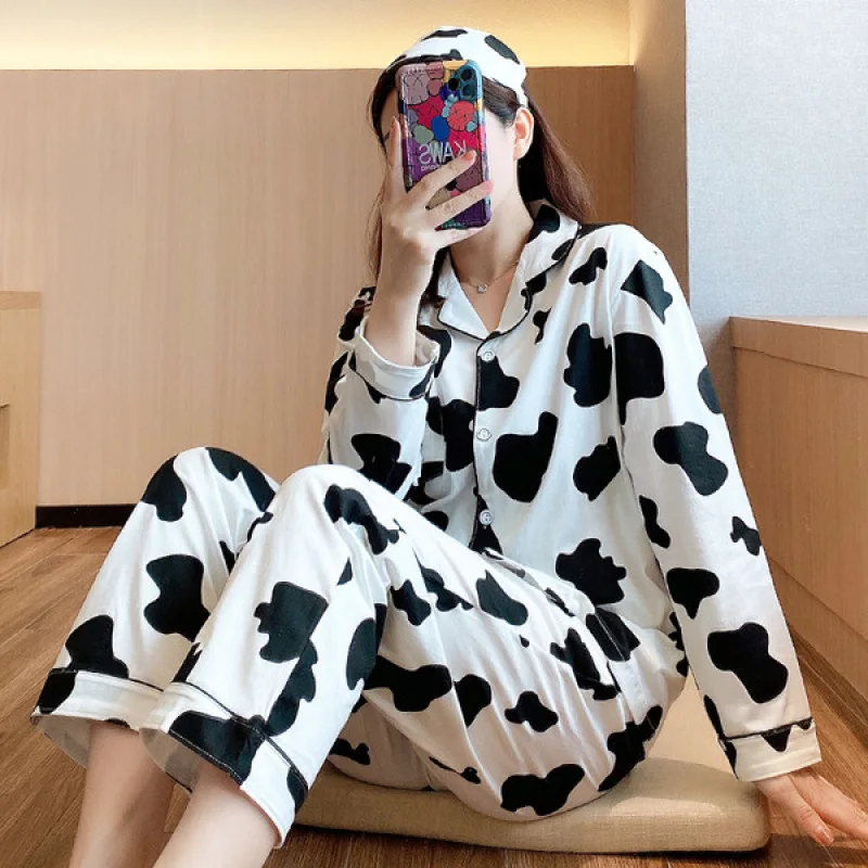 Women Pajamas Set Cotton Pyjama Cow Spot Pijama Female Homewear Soft Sleepwear Long Sleeve Lapel Shirt Pants Suit Nightwear