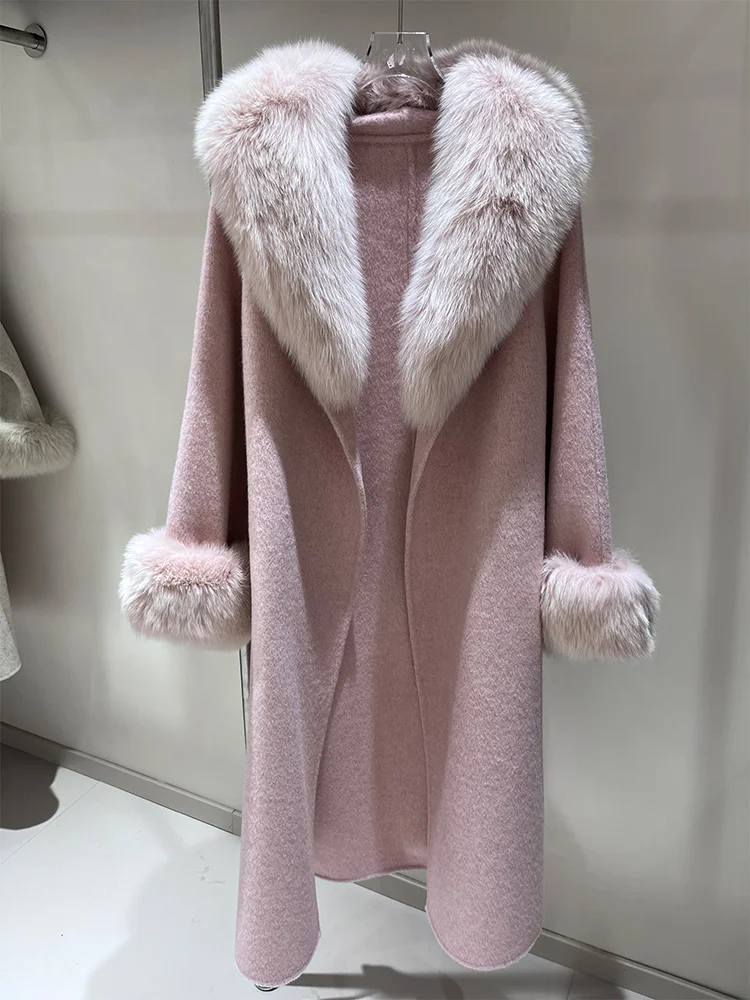 2025 Cappotto di vera pelliccia Giacca invernale da donna Collo di pelliccia di volpe naturale Polsini Cashmere Lana Cappotto lungo di lana Capispalla da donna Streetwear