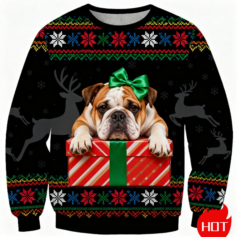 3D Print Cartoon Bulldog Graphic Ugly Christmas Sweater For Men Women Animal Dog Xmas Sweatshirts Winter Pullovers Tracksuit