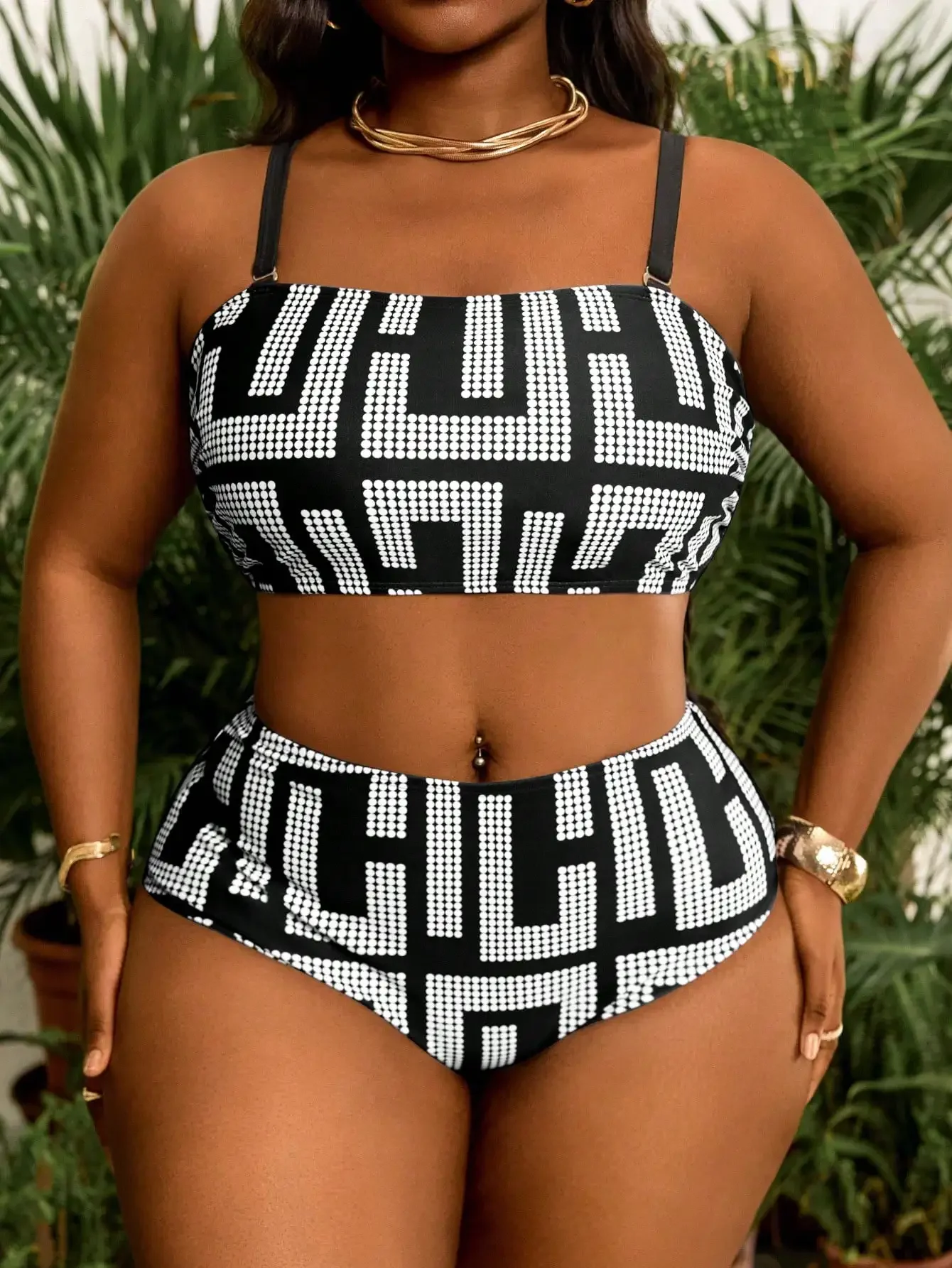 Plus Size Women Geometric Print Bandeau Top High Waist Two Piece Swimsuit Set