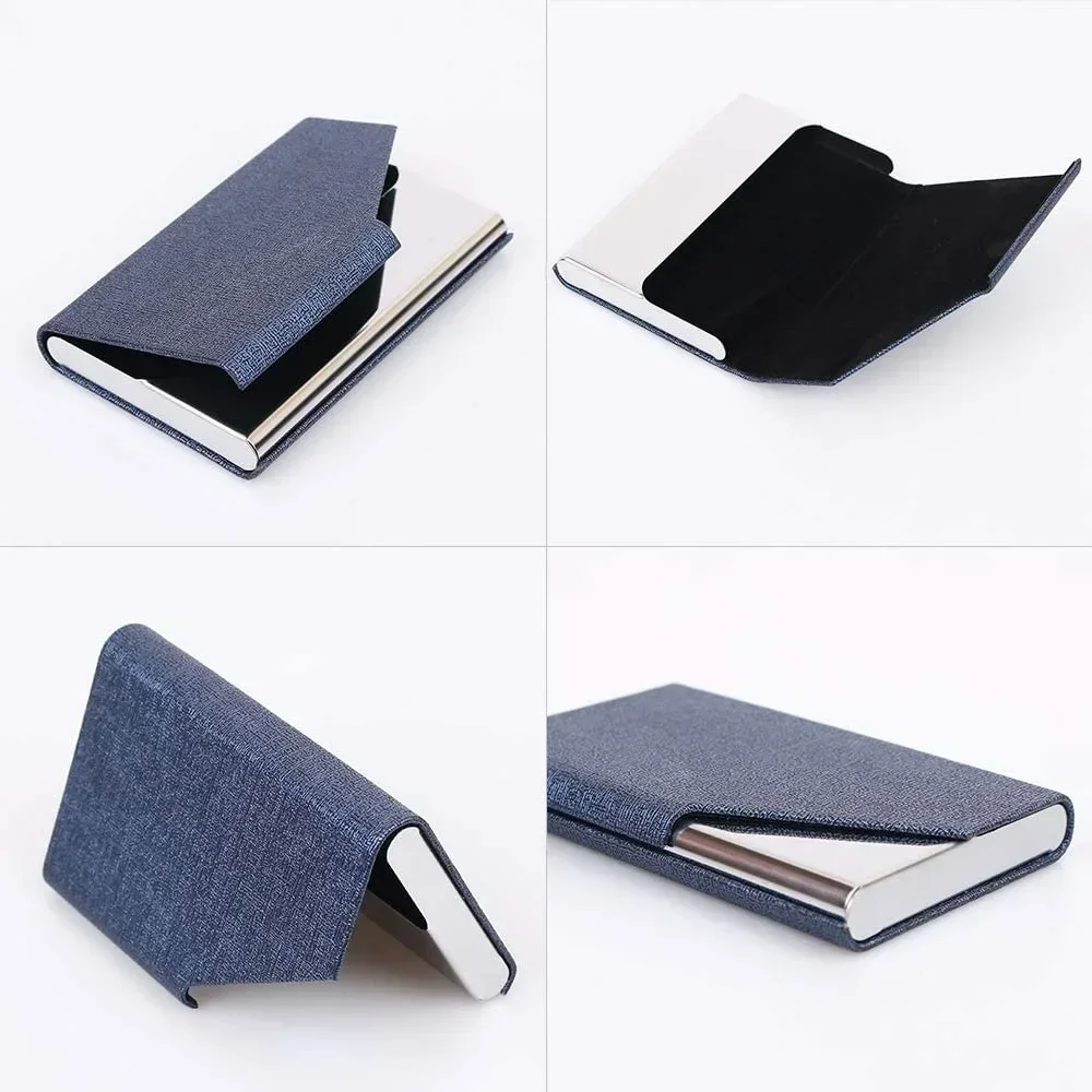 Magnetic PU Leather Business Card Holder, Stainless Steel Card Case for Men & Women, Office Gift, Holds 20 Cards