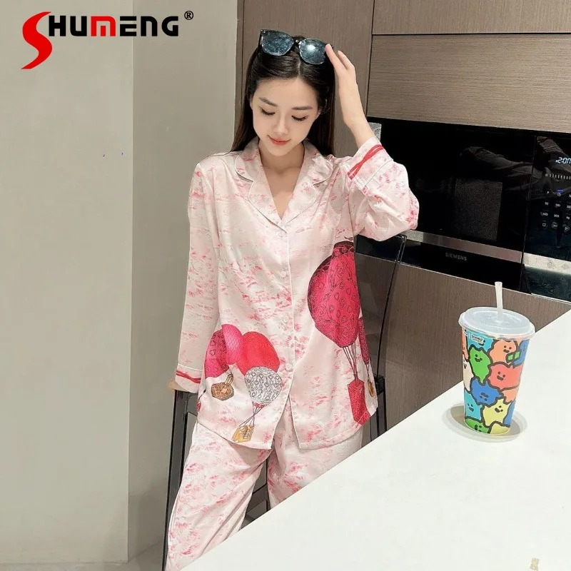 

Autumn Cute Ice Silk Pink Pajamas for Women Long Sleeve Long Pants Printed Homewear Female Japanese Style Sleepwear Set