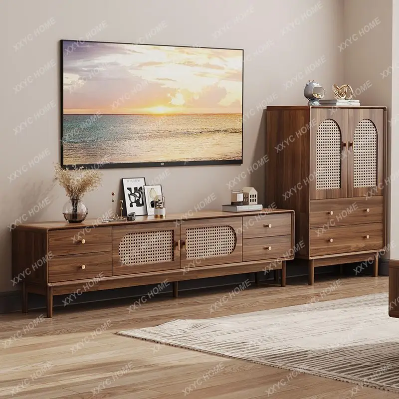 

Retro simple rattan solid wood coffee table TV cabinet combination