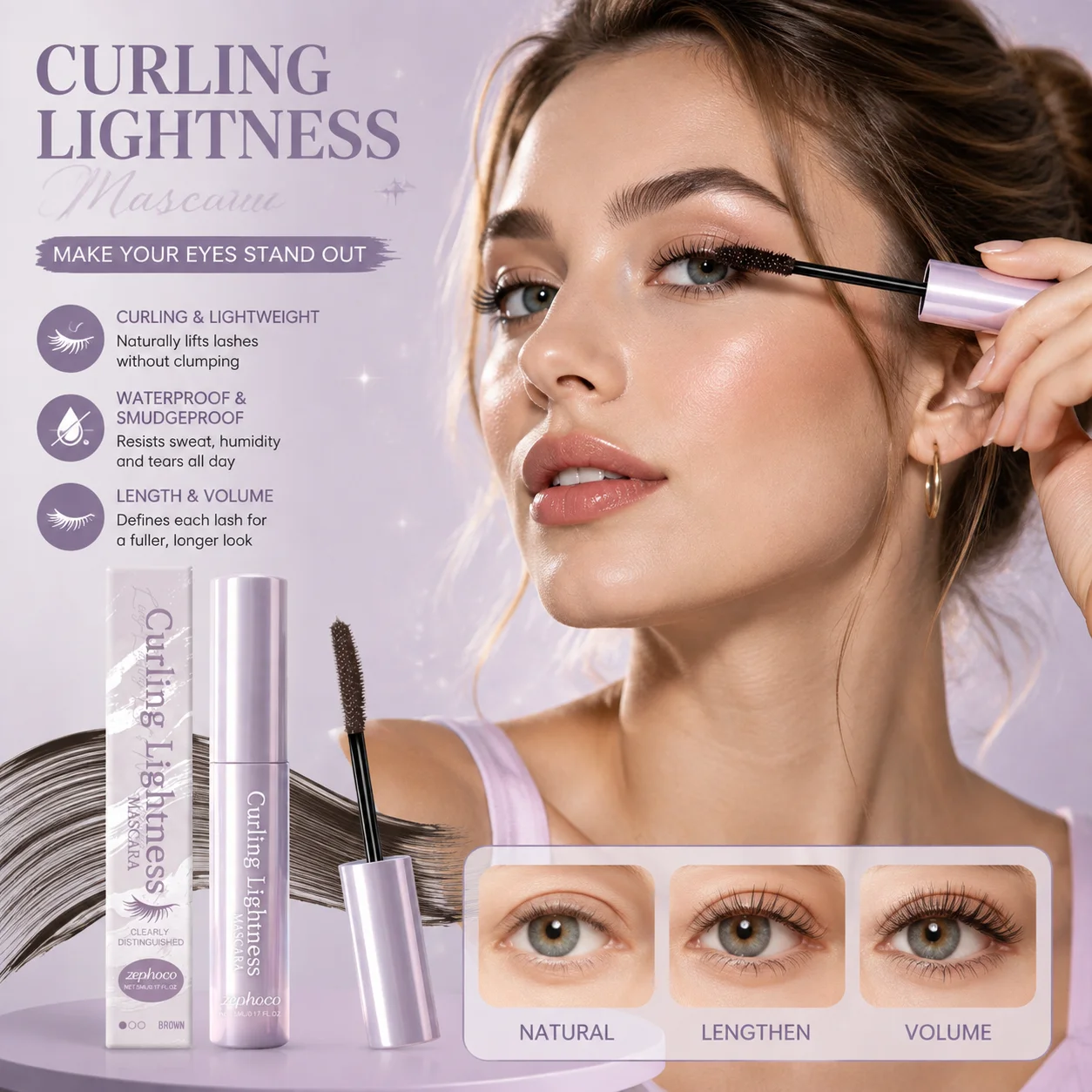 Zephoco Lengthening Eyelash Mascara Waterproof Extra Volume Long Lasting Curling Eye Make up Panthenol Brown Black Mascara 5ml