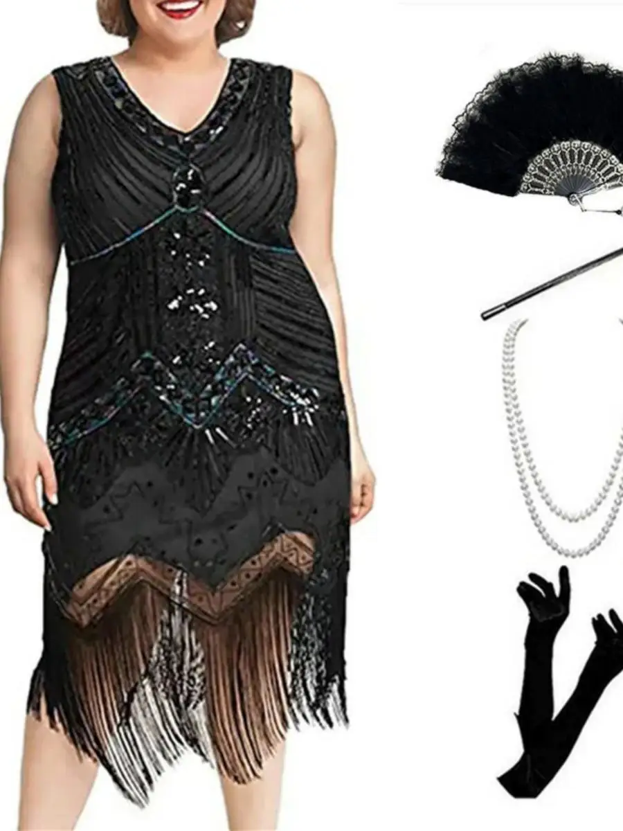 Large Size Women's Ensemble Vintage 920s Sequin Par Evening V-ne Tassel Dr Beadwork Summer 2025 Faion Trend