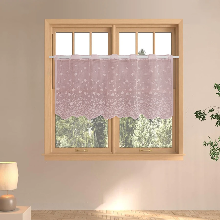 

Pink American Kitchen Coffee Curtain Finished Lace Non-Perforated Short Curtain Half-Cut Sheer Polyester Curtain Gauze Decoratio